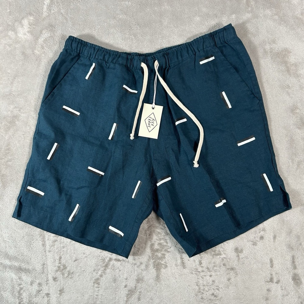 Alex Crane Bo Shorts Mens L Blue Linen Geometric Dash Print Drawstring NWT